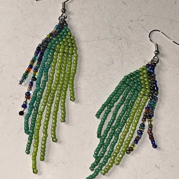 Vibrant Beaded Earrings in Green and Blue - Picture 2 of 3